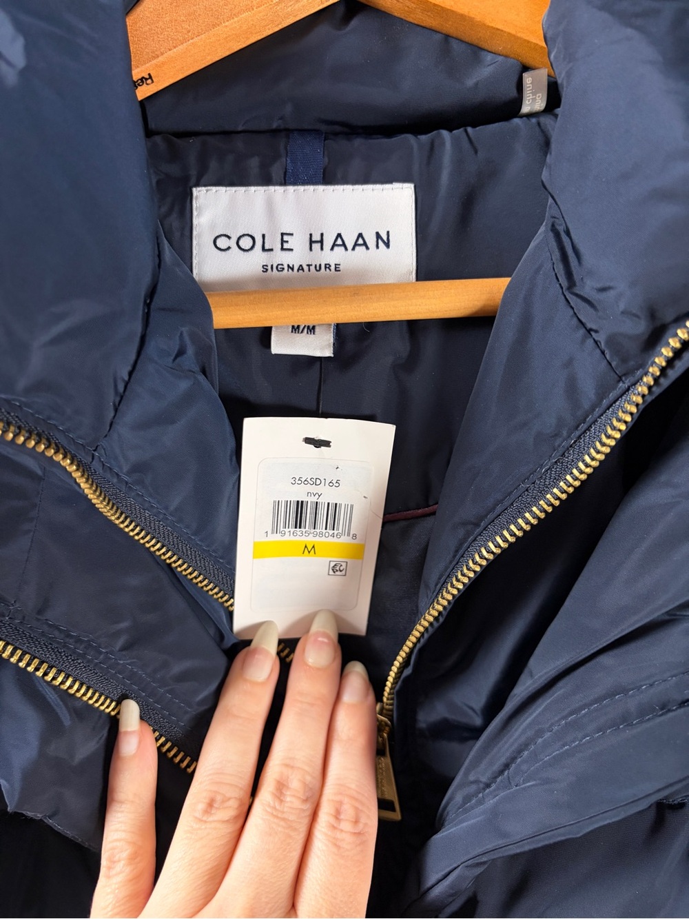 Cole Haan Navy Quilted Down/Feather Hooded Maxi Puffer Coat Medium - Picture 4 of 8